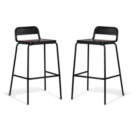 Set of 2 - Sam Aurora Industrial Flat Bar Stool - 75cm - Black Frame - Brown Timber Seat