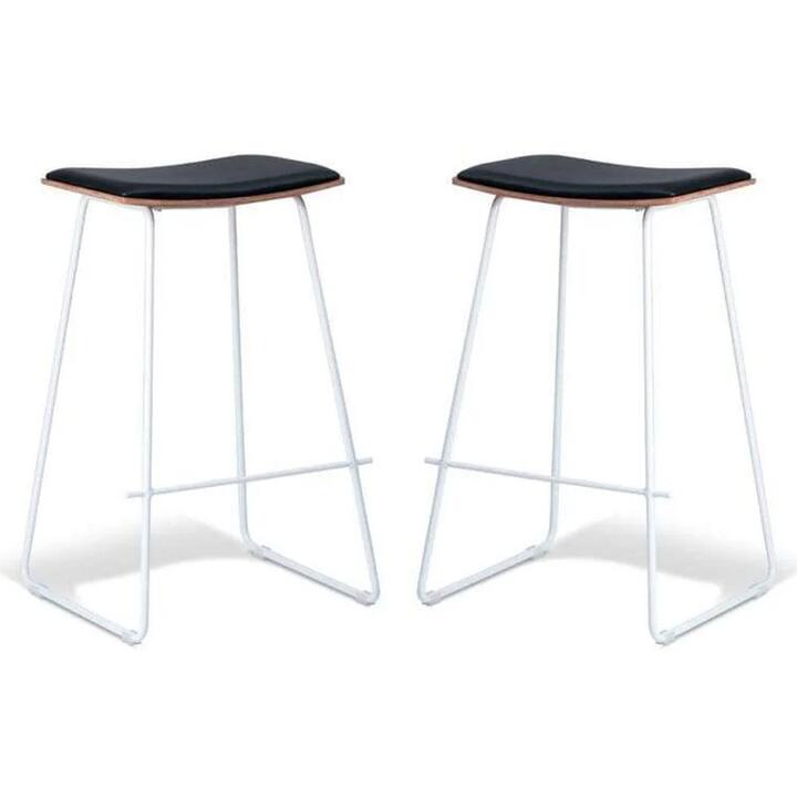 Set of 2 - Porter Nordberg Kitchen Counter Bar Stool 73m - White Frame - Natural Veneer - Black Cushion Seat