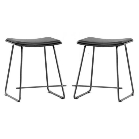 Set of 2 - Porter Nordberg Kitchen Low Stool 48cm - Black Frame - Black Veneer - Black Cushion Seat
