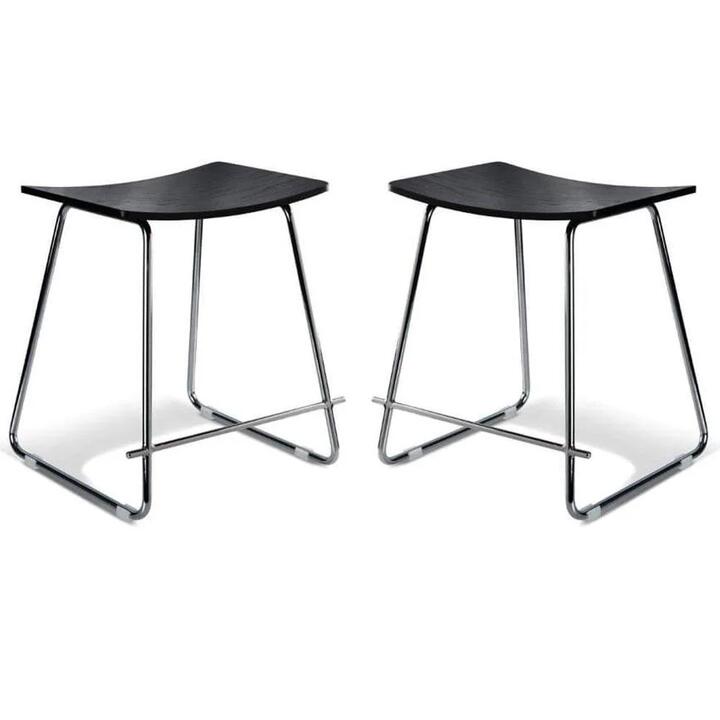 Set of 2 - Porter Nordberg Kitchen Low Stool 47cm - Chrome Frame - Black Veneer Seat