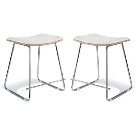 Set of 2 - Porter Nordberg Kitchen Low Stool 48cm - Chrome Frame - Natural Veneer - White Cushion Seat