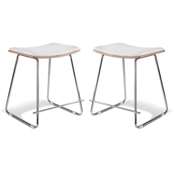 Set of 2 - Porter Nordberg Kitchen Low Stool 48cm - Chrome Frame - Natural Veneer - White Cushion Seat