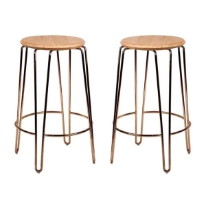 Set of 2 - Storo Bar Stool 65cm - Rose Gold Frame - Natural Timber Seat