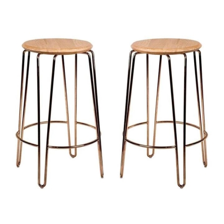 Set of 2 - Storo Bar Stool 65cm - Rose Gold Frame - Natural Timber Seat