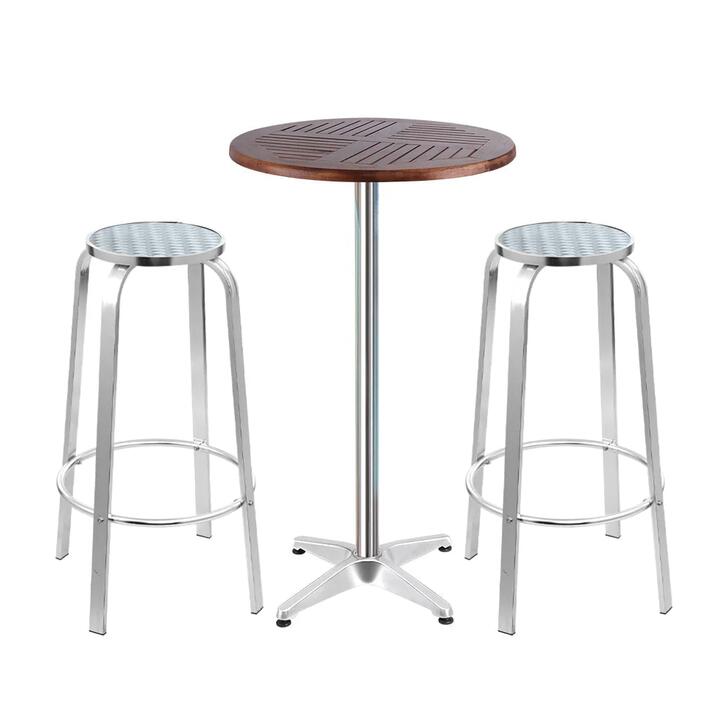 Outdoor Bistro Set Bar Table Stools Adjustable Aluminium Cafe 3PC Wood