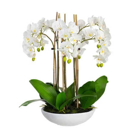 Glamorous Fusion Phalaenopsis Orchid Artificial Plant Flower Decorative 65cm White Bowl - White