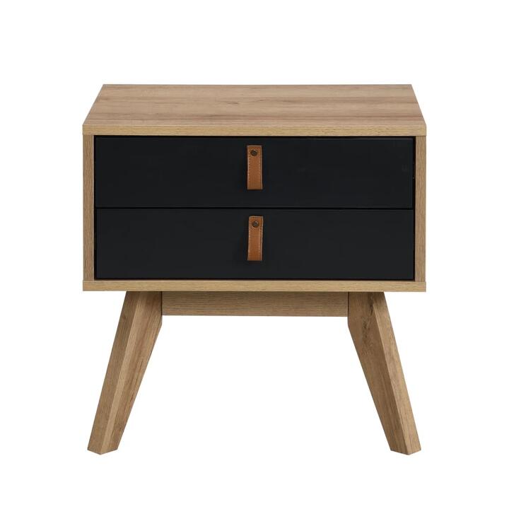 Design Square Pam Modern Scandinavian Nightstand Bedside Table W/ 2 Drawers - Oak/Black