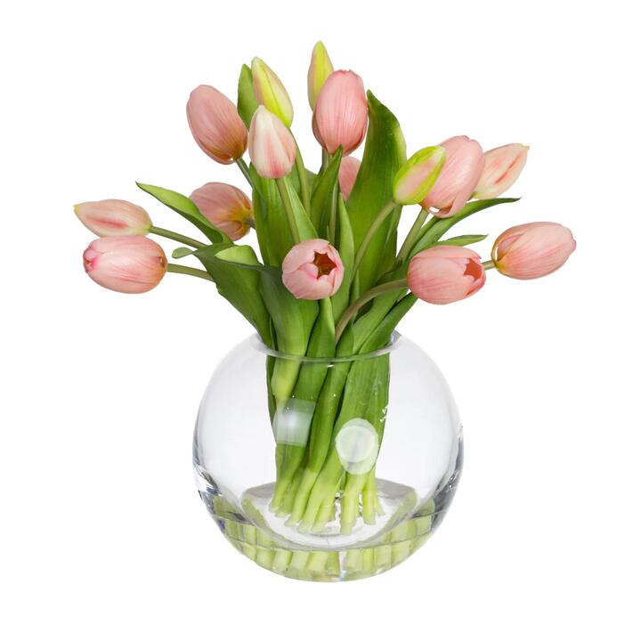 Glamorous Fusion Pink Tulip 29cm Artificial Faux Flower Plant Decorative Arrangement In Fishbowl