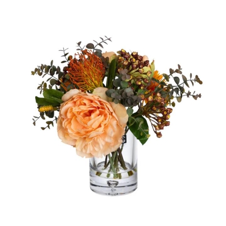 Glamorous Fusion Peony & Banksia 30cm Peach Artificial Faux Plant Flower Decorative Mixed Arrangement In Glass