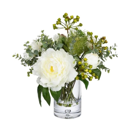 Glamorous Fusion Peony & Banksia 30cm White Artificial Faux Plant Flower Decorative Mixed Arrangement In Glass