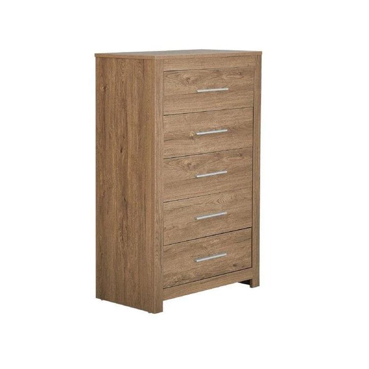Design Square Modern Chest of 5-Drawers Tallboy Wooden Storage Cabinet - Dark Oak