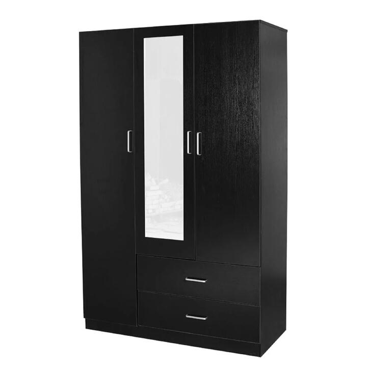 Design Square Modern 3-Door 2-Drawers Wardrobe Closet Clothes Storage Cabinet With Mirror - Black