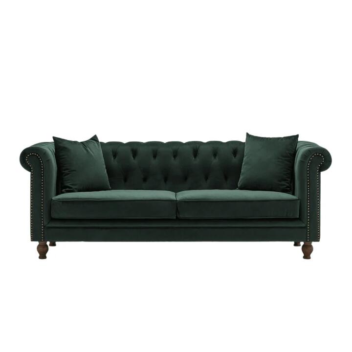 Design Square Modern Chesterfield Velvet Fabric 3-Seater Sofa - Green