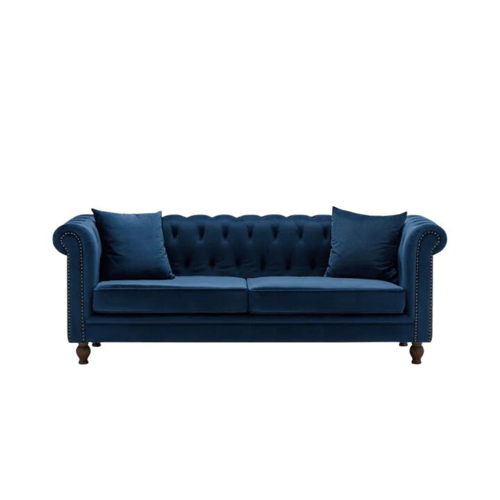 Design Square Modern Chesterfield Velvet Fabric 3-Seater Sofa - Blue