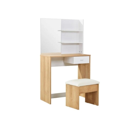 Design Square Modern Wooden  Mirrored Dressing Table W/ Stool - Oak & White