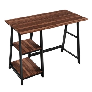 Design Square Office Study  Writing Computer Desk Metal Frame W/ 2 Storage Shelves - Dark Walnut