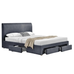 Design Square Modern Designer Fabric Bed Frame Headboard W/ 4-Drawers Storage Double Size - Dark Grey