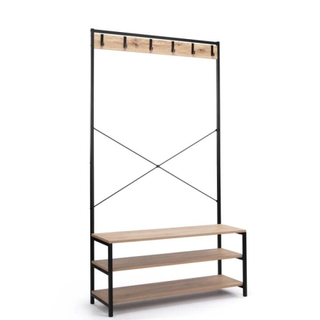 Design Square Nico Industrial Hall Tree Coat Rack 3-Tier Shoe Bench Cabinet - Oak/Black