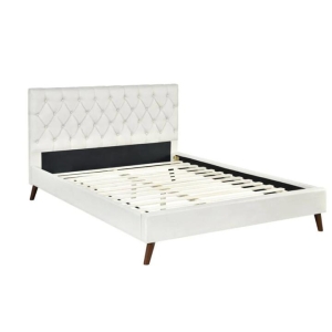 Design Square Modern Fabric Bed Frame Double Size Wooden Legs W/ Bed Head - Cream