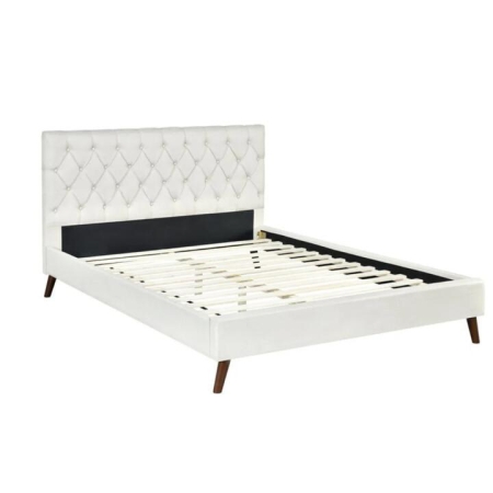 Design Square Modern Fabric Bed Frame Double Size Wooden Legs W/ Bed Head - Cream