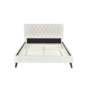 Design Square Modern Fabric Bed Frame Queen Size Wooden Legs W/ Bed Head - Cream