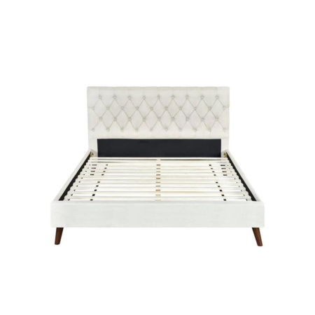 Design Square Modern Fabric Bed Frame Queen Size Wooden Legs W/ Bed Head - Cream