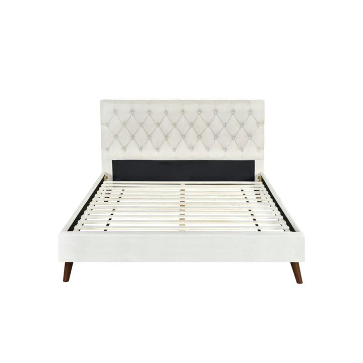 Design Square Modern Fabric Bed Frame Queen Size Wooden Legs W/ Bed Head - Cream