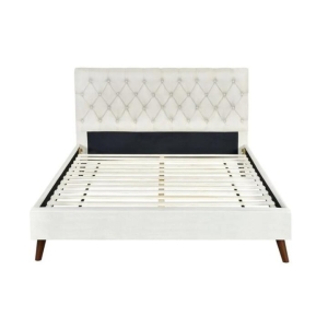 Design Square Modern Fabric Bed Frame King Single Size Wooden Legs W/ Bed Head - Cream