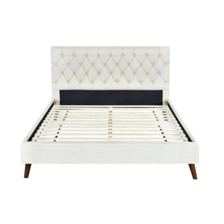Design Square Modern Fabric Bed Frame King Single Size Wooden Legs W/ Bed Head - Cream