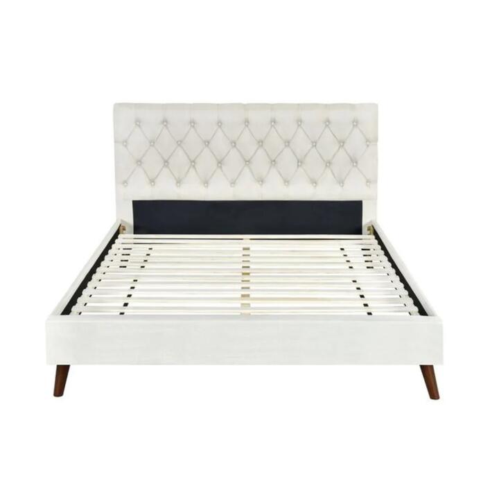 Design Square Modern Fabric Bed Frame King Single Size Wooden Legs W/ Bed Head - Cream