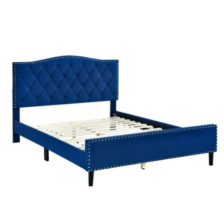 Design Square Modern Velvet Fabric Tufted Bed Head Bed Frame Double Size Navy Blue