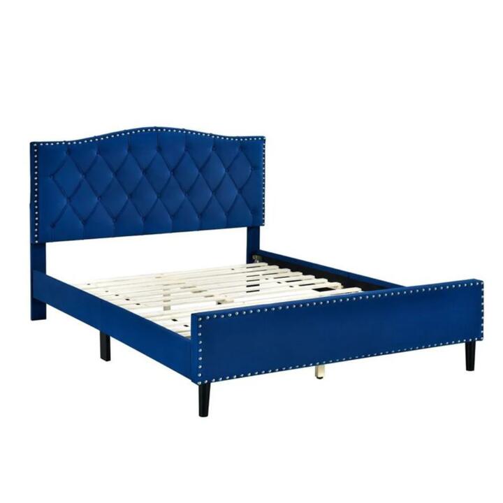 Design Square Modern Velvet Fabric Tufted Bed Head Bed Frame Queen Size Navy Blue