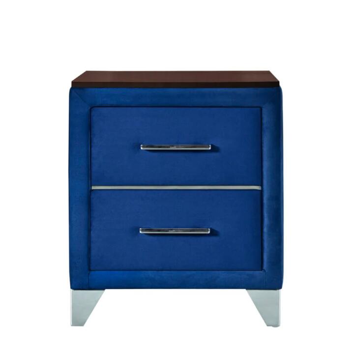 Design Square Modern Elegant Velvet Fabric 2-Drawers NightStand Bedside Table Navy Blue