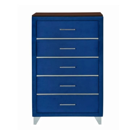 Design Square Modern Velvet Chest Of 5-Drawers Tallboy Storage Cabinet Navy Blue