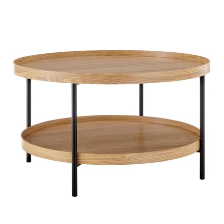 Design Square Myla Round Wooden 2-Tier Coffee Table Metal Tube Frame Oak