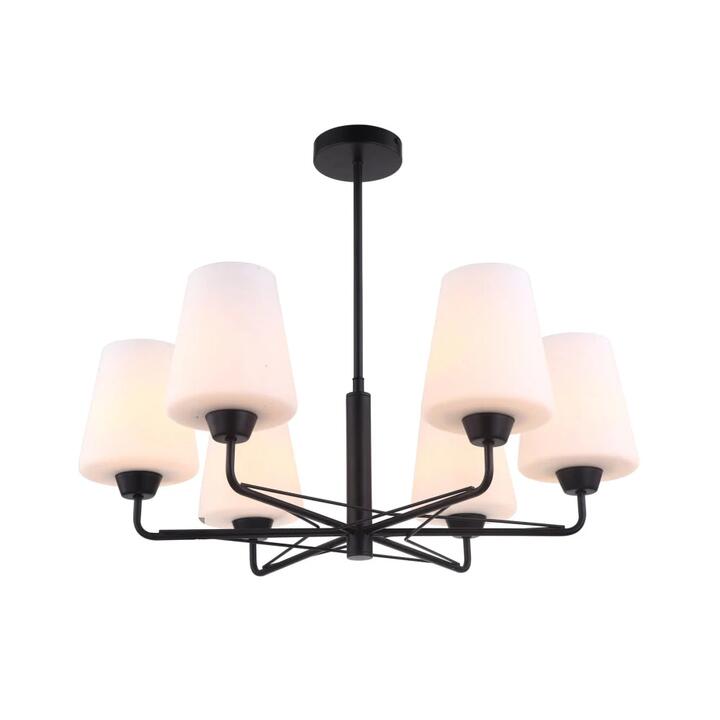 Luna Modern Classic Pendant Lamp Light Interior ESx6  W/ 6-Arms Matte Black/Opal Glass