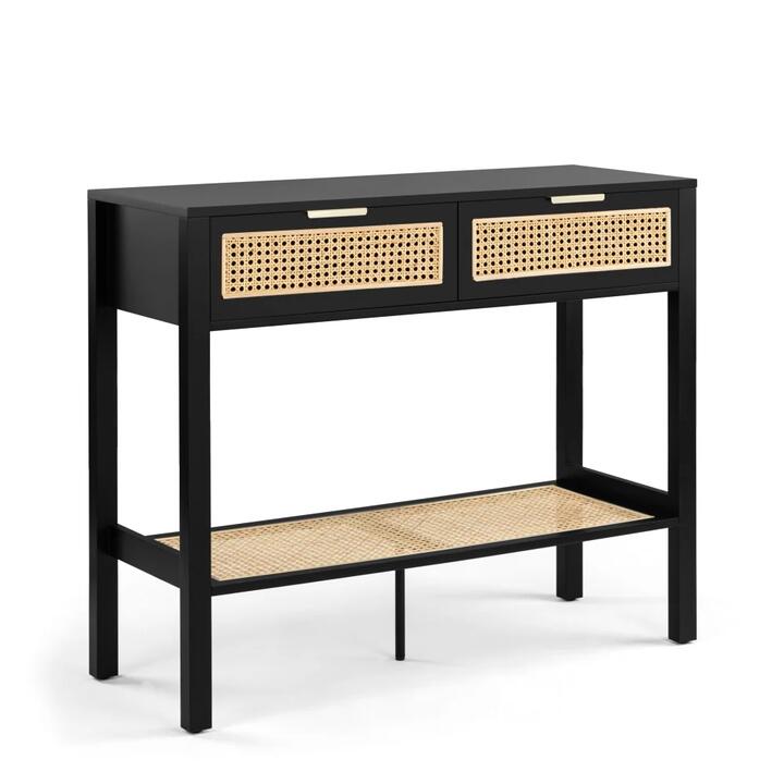 Design Square Lucien Wooden Hallway Console Hall Table W/ 2-Drawers - Black/Rattan