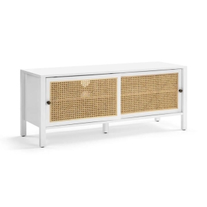 Design Square Lucien Lowline Entertainment Unit TV Stand W/ 2-Sliding Doors 116cm - White/Rattan