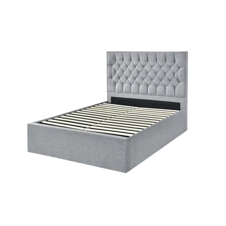 Design Square Luxury Button Tufted Fabric Gas Lift Bed Frame Double Size Pebble