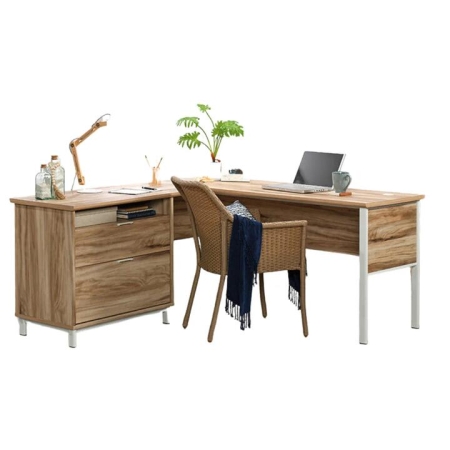 Design Square Mannon Executive Wooden L-Shaped Home Office Computer Working Desk Kiln Acacia