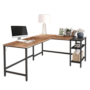 Design Square L-Shape Manager Office Computer Study Desk Metal Frame - Dark brown