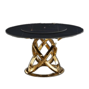 Our Home Hayes Luxurious Sintered Stone Round Dining Table 130cm W/ Lazy Susan - Black & Gold