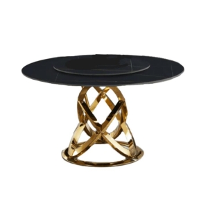 Our Home Hayes Luxurious Sintered Stone Round Dining Table 150cm W/ Lazy Susan - Black & Gold