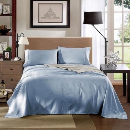 KENSINGTON 1200TC COTTON SHEET SET IN STRIPE-DOUBLE - CHAMBRAY(BLUE)
