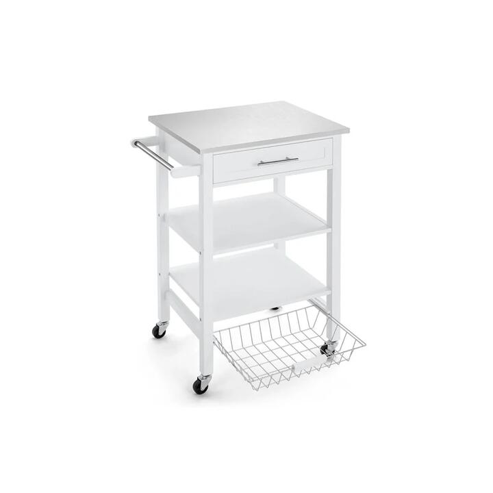 Kingston Stainless Steel Top Wooden Frame Kitchen Table Trolley - White
