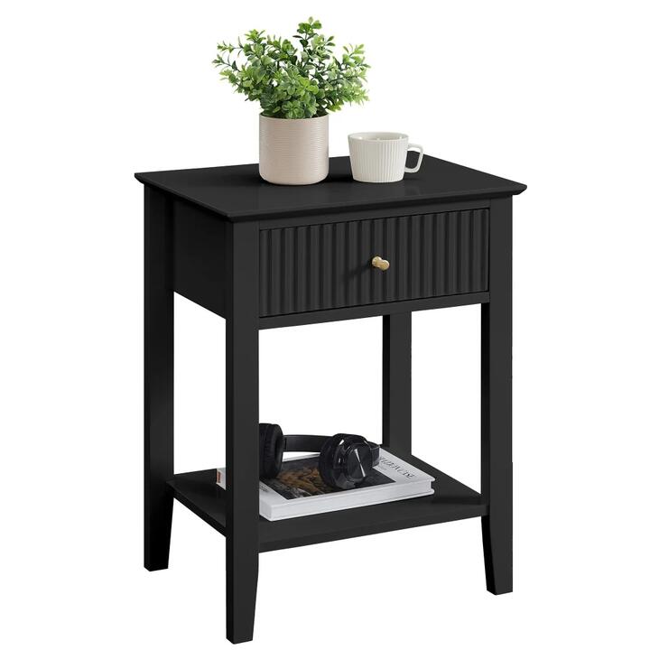 Issey Modern Wooden Bedside Nightstand Side Table Fluted 1-Drawer - Black