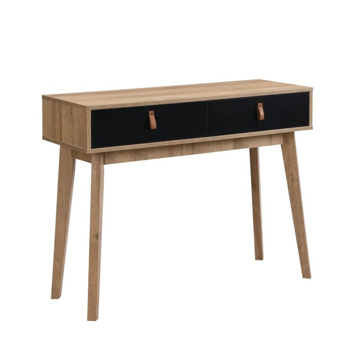 Design Square Eliana Modern Scandinavian Console Hall Table W/ 2-Drawers - Oak/Black