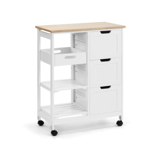 Design Square Fiona Kitchen Trolley Storage Cabinet 3-Drawers 2-Shelves & Tray - White/Oak