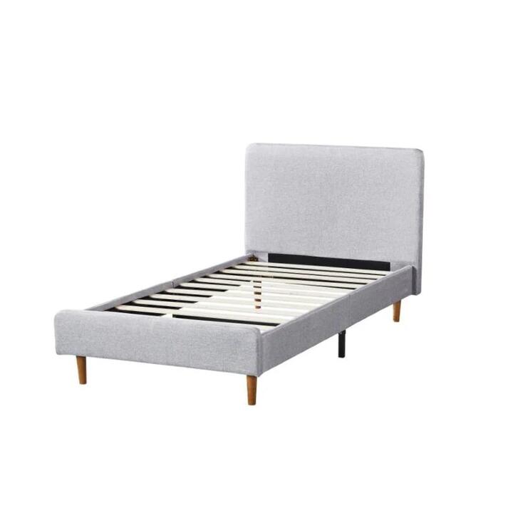 Design Square Fabric Bed Frame With Bed Head Queen Size Solid Wood Legs Light Grey
