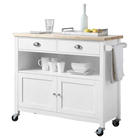 Dario Kitchen Island Storage Trolley Wood Counter Top W/ 2-Drawer - Natural & White
